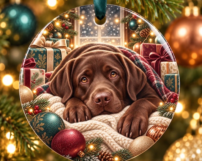 Chocolate Labrador Christmas Ornament, Ceramic Dog Bauble, Festive Tree Decoration