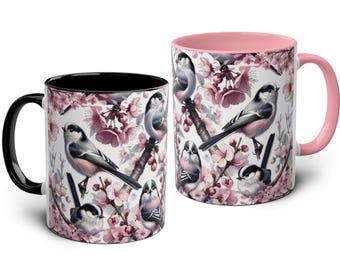 Long-Tailed Tit Mug – Bird Lover Gift – 11oz Ceramic Coffee Cup, Nature Inspired Design, Available in Pink or Black Mug Colour, Great Gift