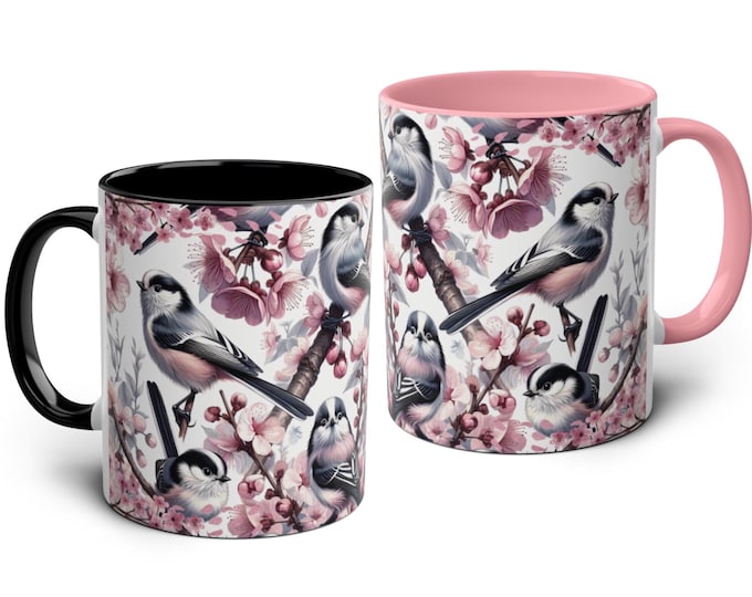 Long-Tailed Tit Mug – Bird Lover Gift – 11oz Ceramic Coffee Cup, Nature Inspired Design, Available in Pink or Black Mug Colour, Great Gift
