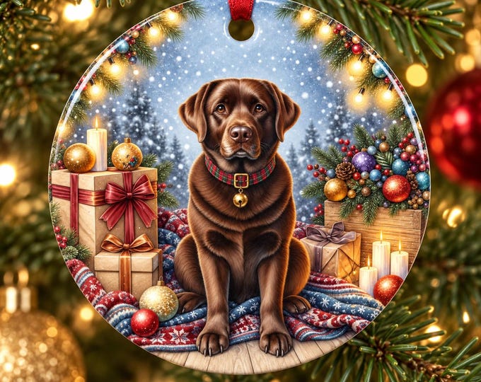 Chocolate Labrador Christmas Ornament, Ceramic Dog Bauble, Festive Tree Decoration