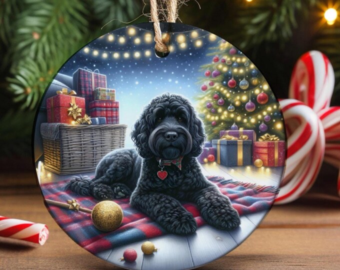 Black Labradoodle Christmas Tree Ornament, Ceramic Double Sided Print & Gift Bag