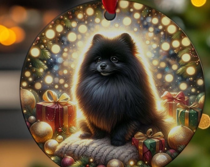 Black Pomeranian Christmas Tree Ornament, Ceramic, Double-Sided Printed