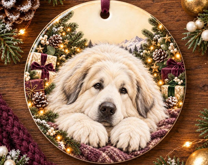 Pyrenean Mountain Dog Christmas Tree Ornament, Ceramic, Double-Sided Print & Gift Bag