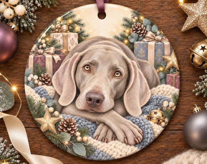 Weimaraner Christmas Tree Ornament, Ceramic, Double-Sided Print & Gift Bag