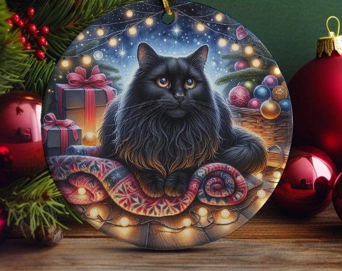 Black Cat Christmas Ornament, Ceramic Double-Sided Print Decoration & Gift Bag