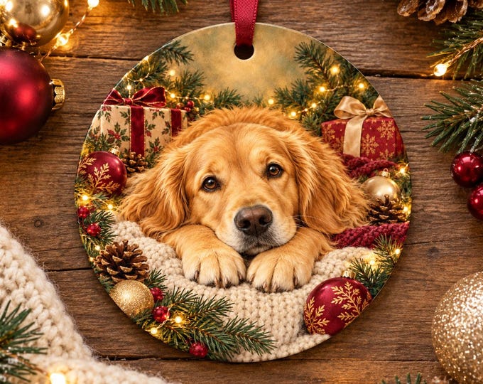 Golden retriever Christmas Tree Ornament, Ceramic, Double-Sided Print & Gift Bag