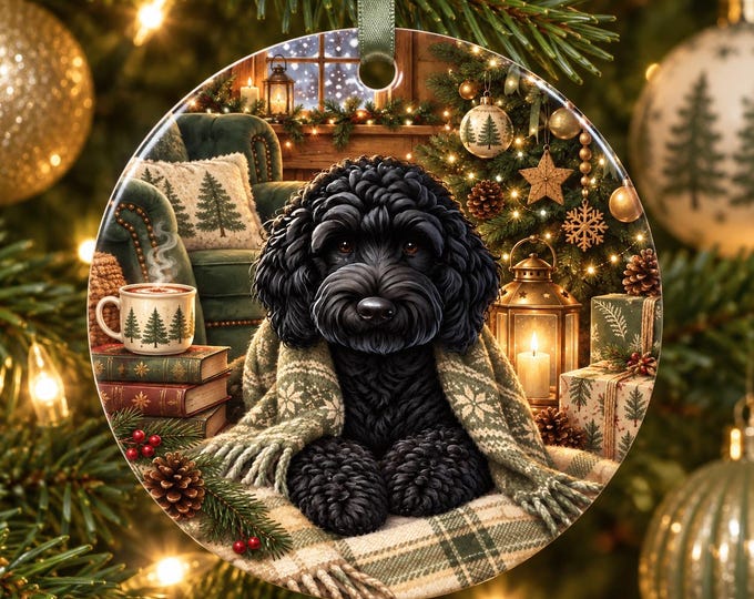Black Cockapoo Christmas Ceramic Tree Ornament, Double Sided Printed & Gift Bag