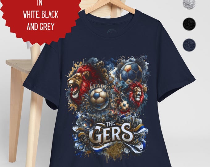 Rangers Heavy Cotton T-Shirt | Football Fan Gift | Unisex Rangers Tee in Grey, Black, Navy & White In Sizes Small to 5XL