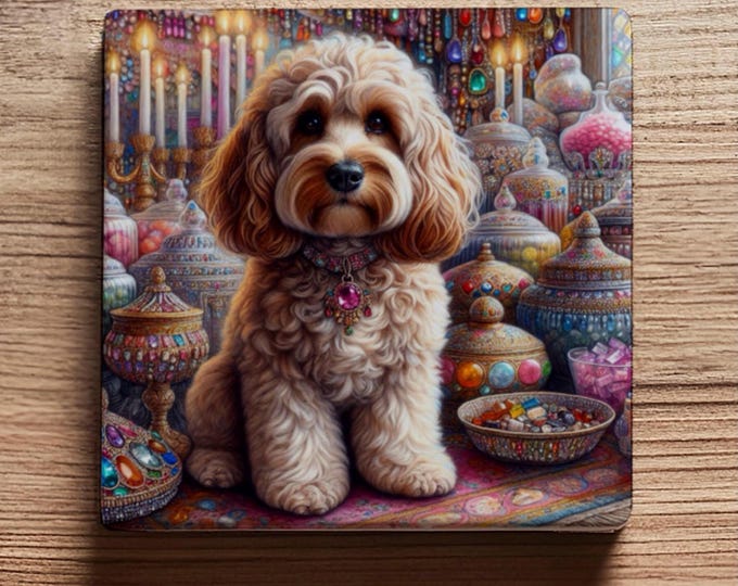 Luxury Tan Cockapoo Ceramic Coaster – Victorian Jewel Design, Glossy Finish with Cork Back – Elegant Gift for Dog Lovers