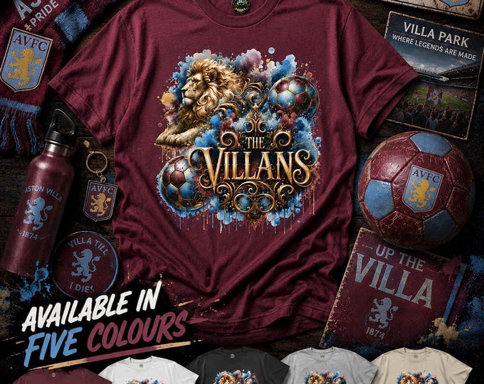 Aston Villa Fan T-Shirt | The Villans Lion Football Tee | Maroon, Black, White