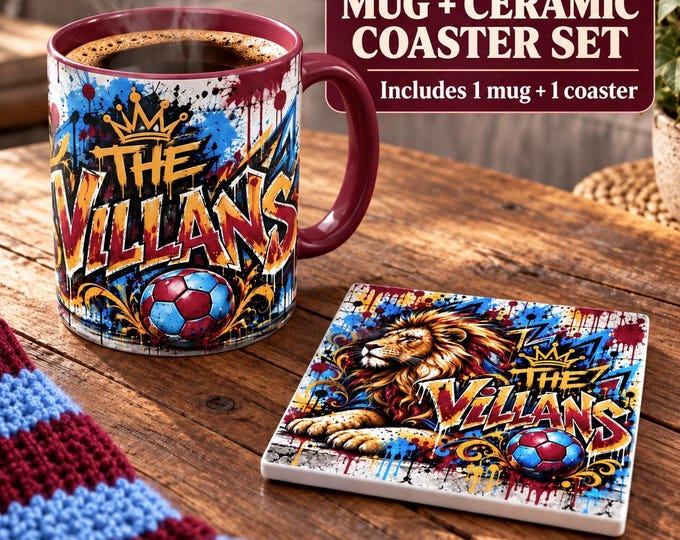 Aston Villa Fan Mug and Ceramic Coaster Set | The Villans Football Gift