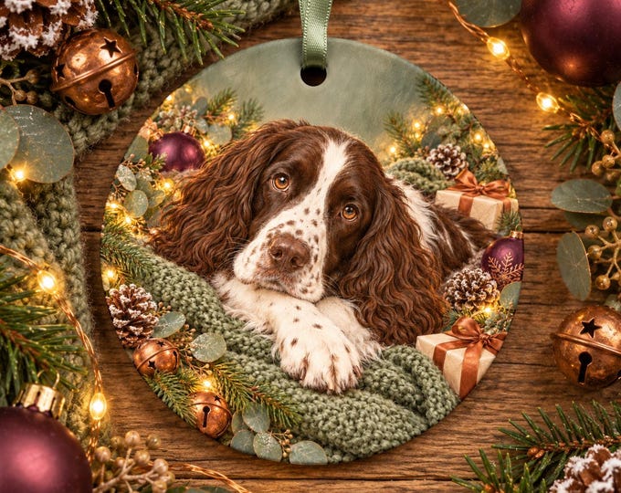 English Springer Spaniel Christmas Tree Ornament, Ceramic, Double-Sided Print & Gift Bag