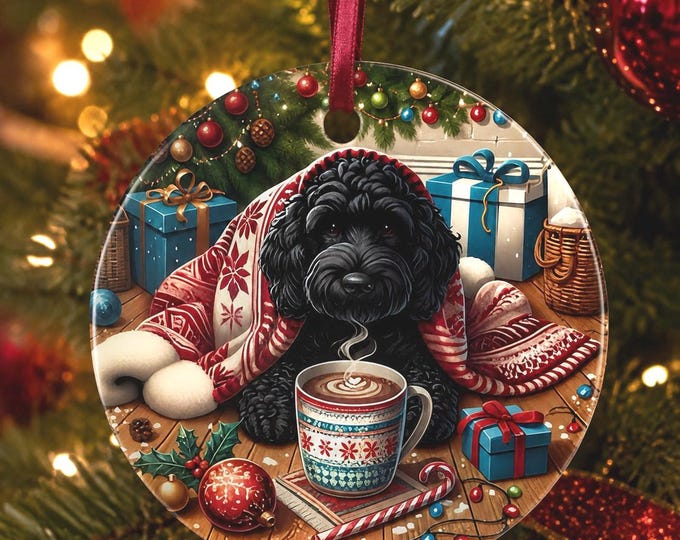 Black Cockapoo Christmas Ceramic Tree Ornament, Double Sided Printed & Gift Bag