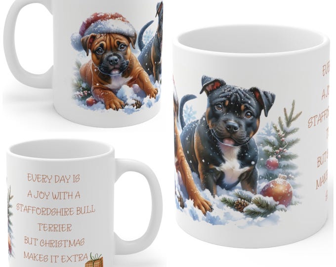 11oz Ceramic Staffordshire Bull Terrier Christmas Mug, Staffordshire Bull Terrier Mug, Staffie Gift For Staffy , Mum, Dad, Owner