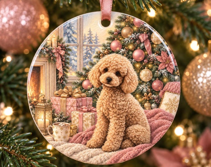 Apricot Poodle Christmas Ornament, Ceramic Dog Keepsake, Festive Tree Decoration