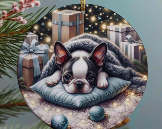 Boston Terrier Ceramic Christmas Tree Ornament, Printed On Both Sides, Gift Bag