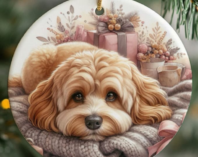 Apricot Cavapoo Christmas Tree Ornament, Ceramic Design on Both Sides & Gift Bag