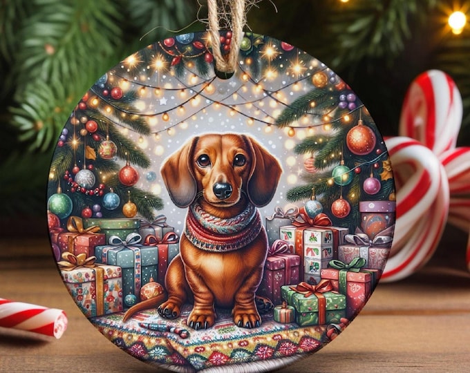 Dachshund Ceramic Christmas Tree Ornament, Design on Both Sides & Gift Bag