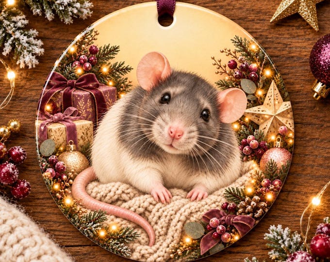 Adorable Rat Christmas Tree Ornament, Ceramic, Double-Sided Print & Gift Bag