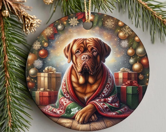 Dogue de Bordeaux Christmas Tree Ornament, Ceramic, Double-Sided Print, Gift Bag