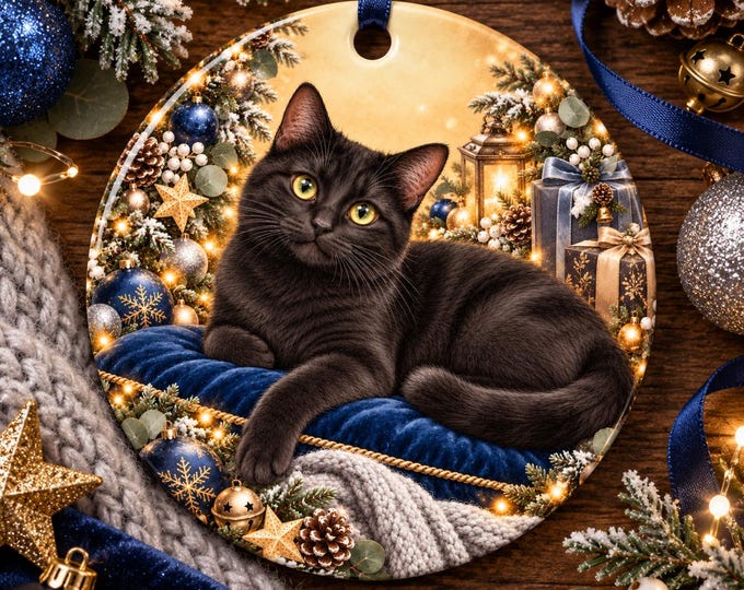 Black Cat Christmas Ornament | Round Ceramic Cat Lover Gift