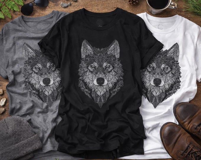 Intricate Wolf Line Art T-Shirt, Tattoo Style Wildlife Graphic Tee