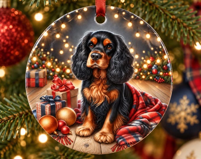 Black and Tan Cocker Spaniel Christmas Tree Ornament, Ceramic, Design on Both Sides
