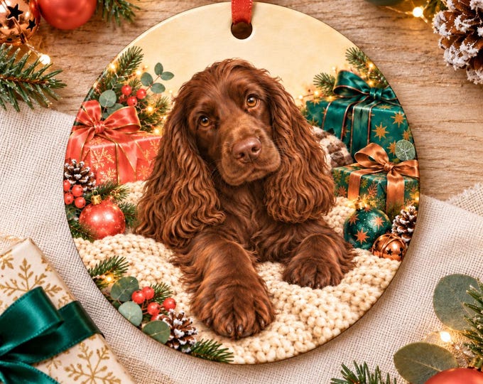 Chocolate Cocker Spaniel Christmas Tree Ornament, Ceramic, Double-Sided Print & Gift Bag