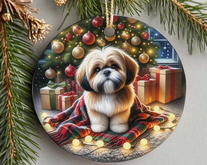 Shih Tzu Christmas Tree Ornament, Ceramic, Double-Sided Printed & Gift Bag