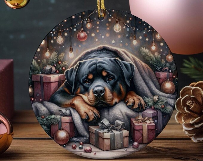 Rottweiler Christmas Tree Ornament, Ceramic With Design On Both Sides, Gift Bag
