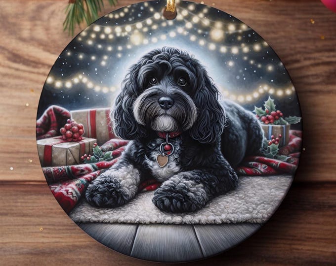 Black and White Cockapoo Christmas Tree Ornament, Ceramic Double-Sided Printed