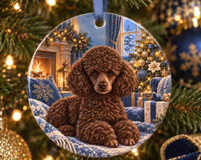 Chocolate Poodle Christmas Ornament, Ceramic Dog Keepsake, Festive Tree Decoration