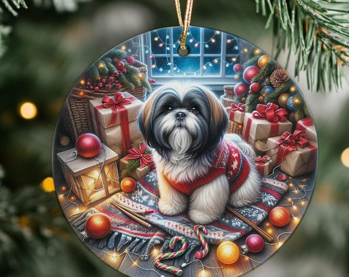 Shih Tzu Christmas Tree Ornament, Ceramic, Double-Sided Printed & Gift Bag