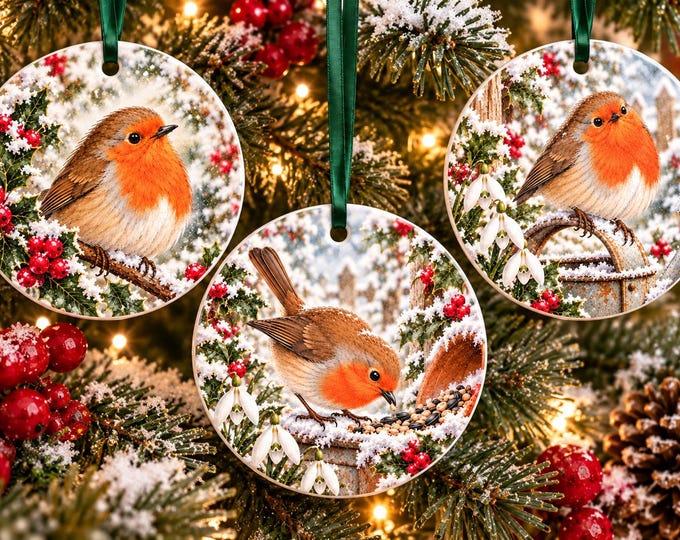 Robin Christmas Ornaments Set of 3, Ceramic Tree Decorations, Robin Gift