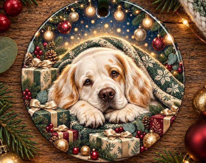 Clumber Spaniel Christmas Tree Ornament, Ceramic, Double-Sided Print & Gift Bag