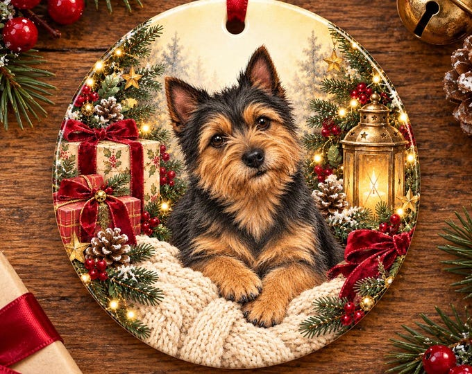 Norwich Terrier Christmas Tree Ornament, Ceramic, Double-Sided Print & Gift Bag
