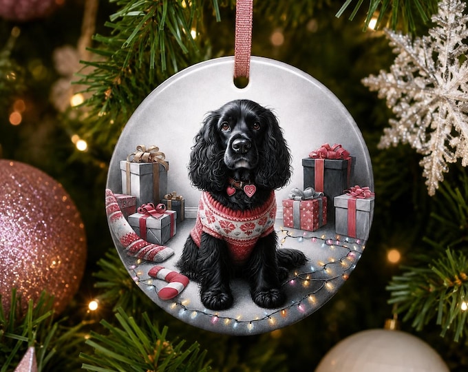 Black Cocker Spaniel Christmas Tree Ornament, Ceramic, Design on Both Sides