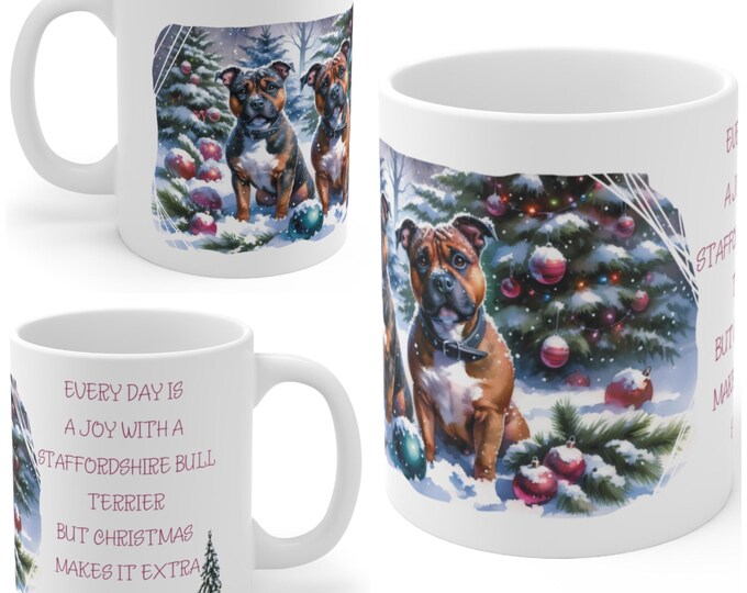 11oz Ceramic Staffordshire Bull Terrier Christmas Mug, Staffordshire Bull Terrier Mug, Staffie Gift For Staffy , Mum, Dad, Owner