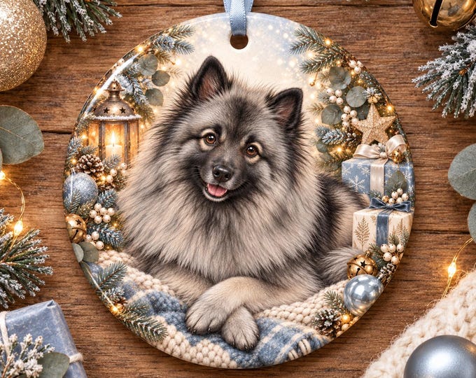 Keeshond Christmas Tree Ornament, Ceramic, Double-Sided Print & Gift Bag