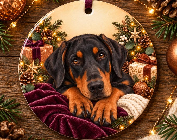 Doberman Christmas Tree Ornament, Ceramic, Double-Sided Print & Gift Bag