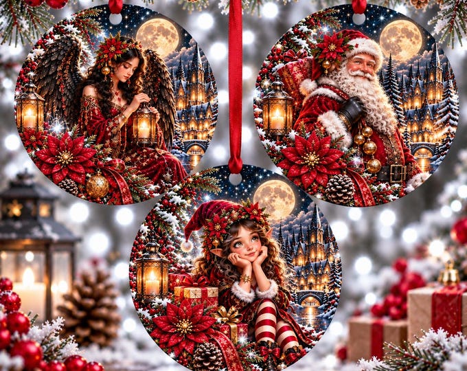 Gothic Christmas Ornaments Set of 3, Angel Santa Elf Ceramic Decorations