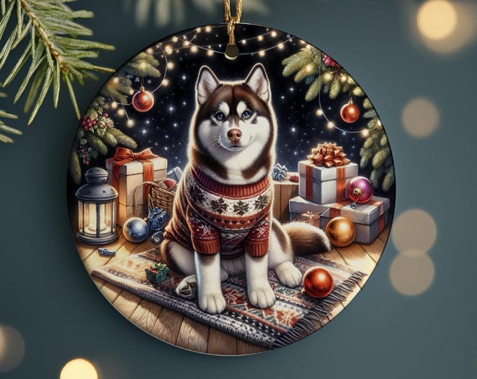 Husky Christmas Tree Ornament, Ceramic, Double-Sided Printed & Gift Bag