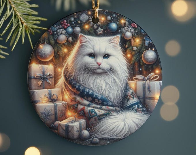White Cat Christmas Ornament, Ceramic Double-Sided Print Decoration & Gift Bag