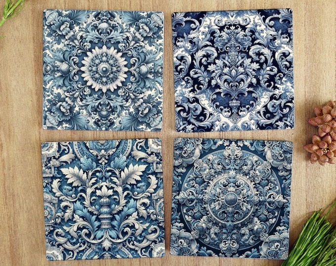 Set of 4 Blue Victorian Tile Design Ceramic Coasters – Glossy Finish, Cork Backed, 10cm Square – Elegant Vintage Home Décor Gift