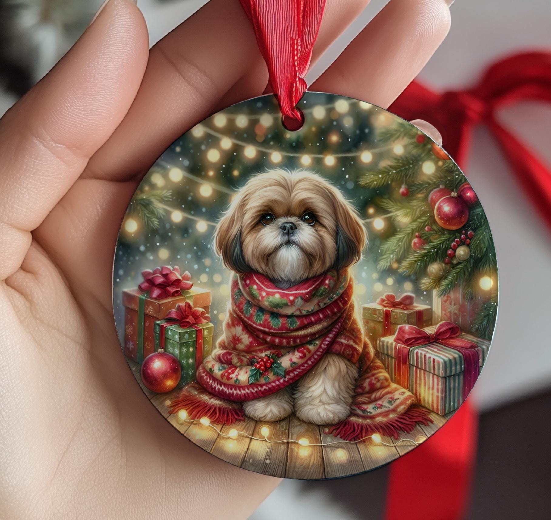 シーズーのクリスマスツリーオーナメント、セラミック製、両面プリント