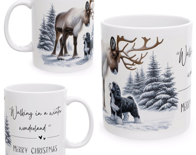 Walking in a Winter Wonderland Christmas Mug, Festive Black & White Cockapoo Mug