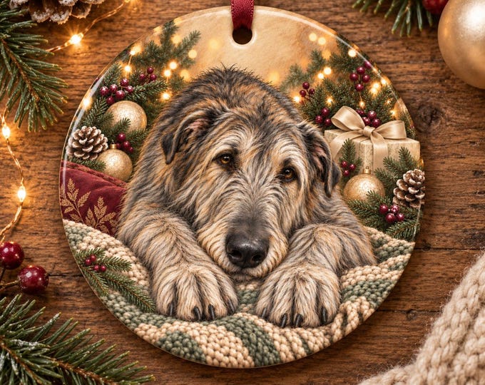 Irish Wolfhound Christmas Tree Ornament, Ceramic, Double-Sided Print & Gift Bag