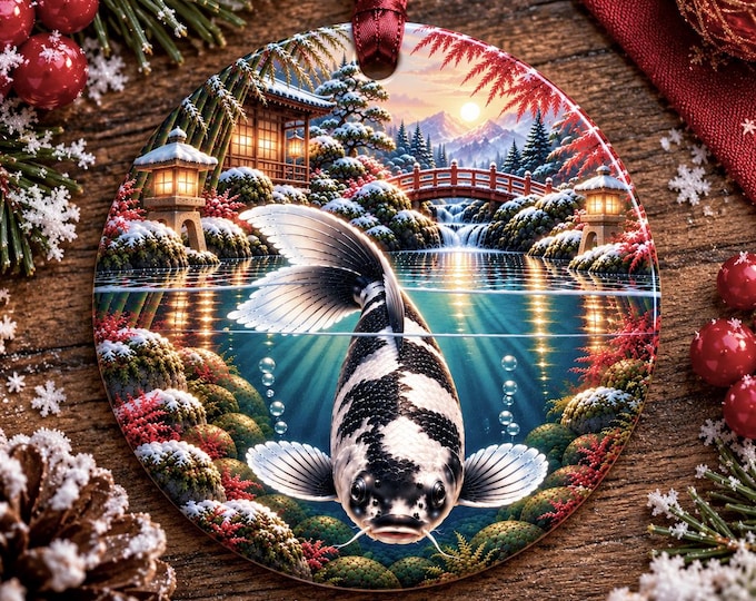 Black and White Koi Fish Christmas Ornament | Japanese Garden Ceramic Decoration