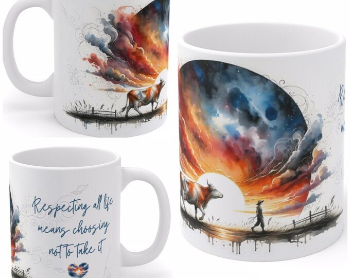 11oz Ceramic Vegan Design Mug, Cow Mug