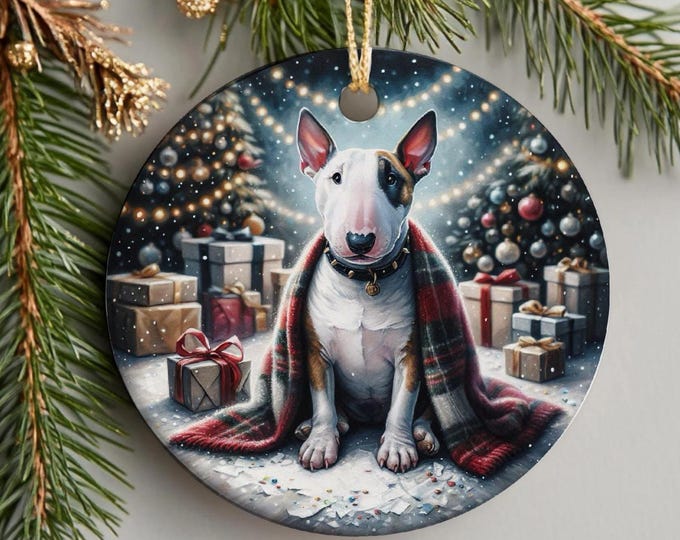 English Bull Terrier Ceramic Christmas Tree Ornament, Printed Each Side Gift Bag